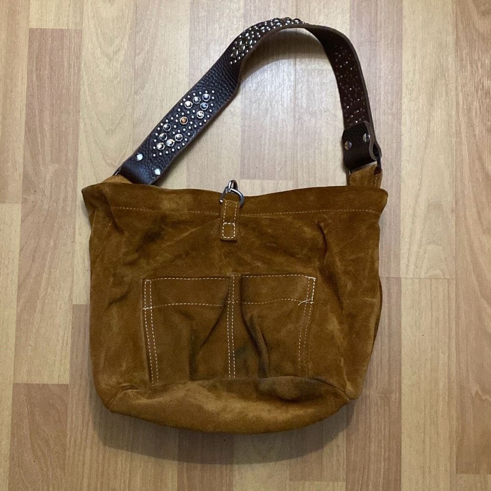 Tylie Malibu Brown Suede Leather Hobo Shoulder Bag & Leather Rhinestones Strap